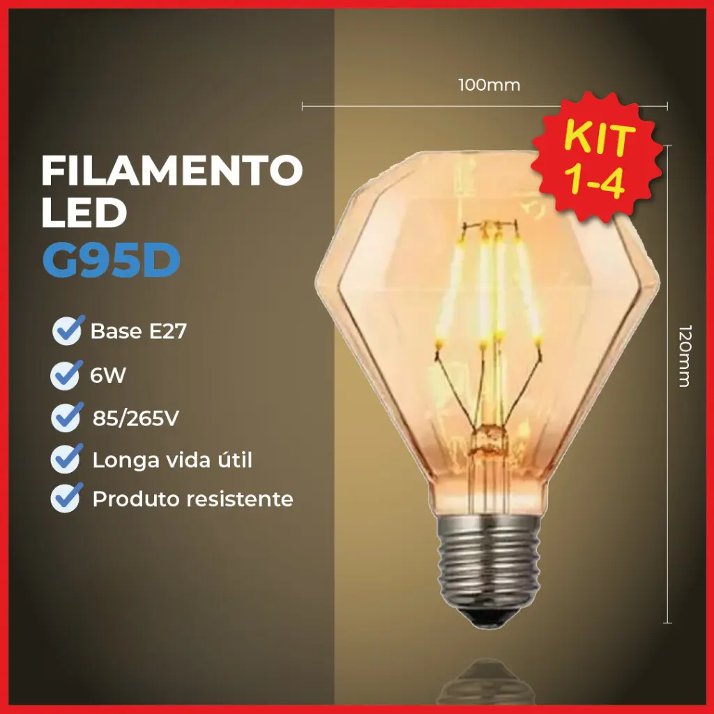 Lâmpada Filamento LED Diamante G95D 4W Base E27 LUZ QUENTE